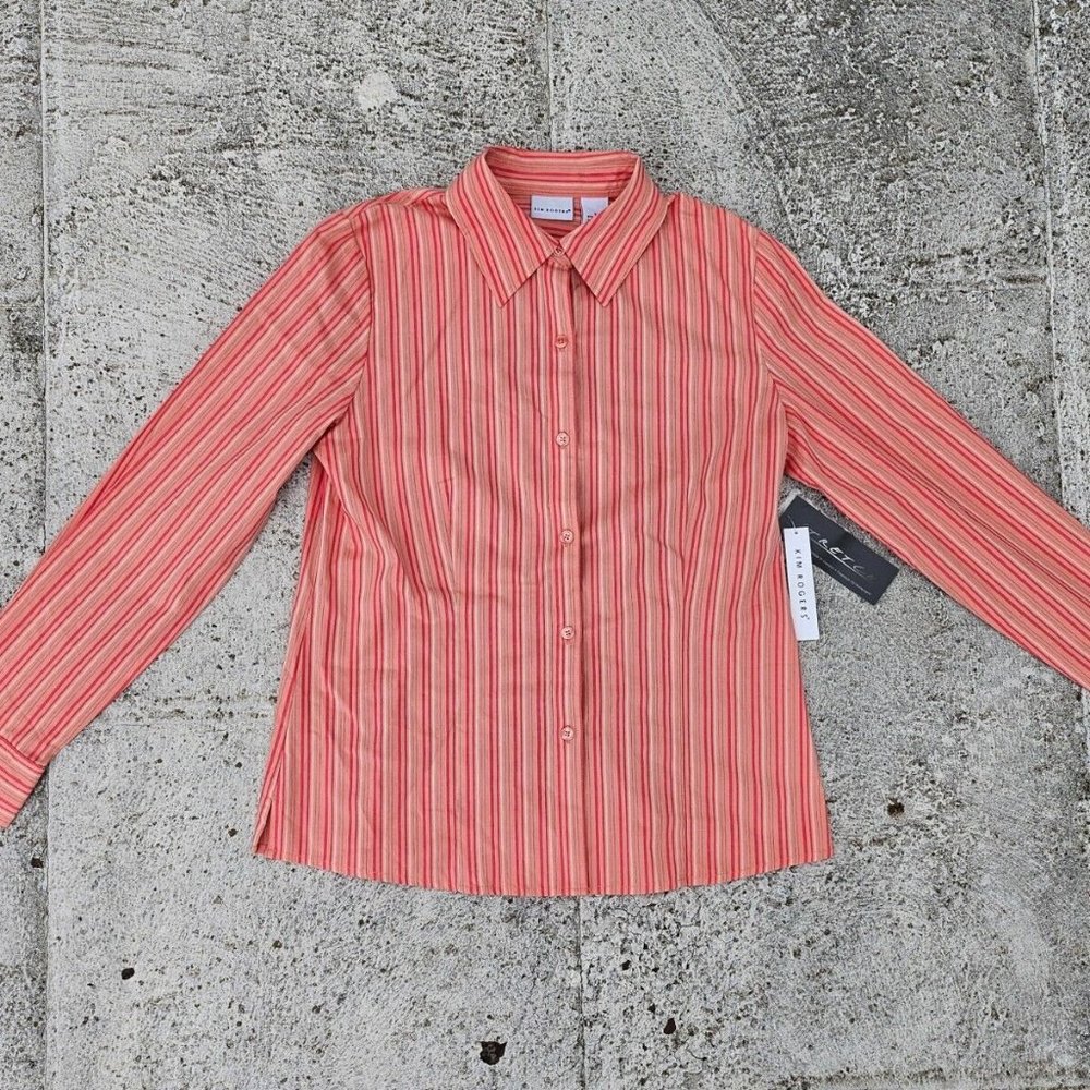 Kim Rogers Women Top Blouse Pink Striped Long Sleeve Collared Shirt Size S